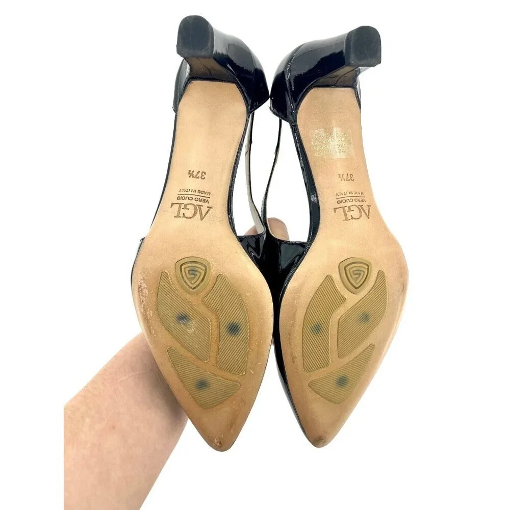 AGL Attilio Giusti Leombruni Black Patent Leather Cut-out Pump 37.5 EU $325